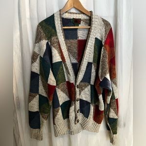 Cozy knit cardigan,, red, green, blue, orange, cream, beige.